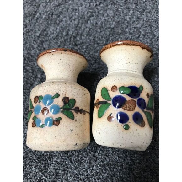 Vintage Tonala Bulbous Stoneware Vase Flowers 3.5” Small Bud Vases 2 signed - Picture 1 of 4
